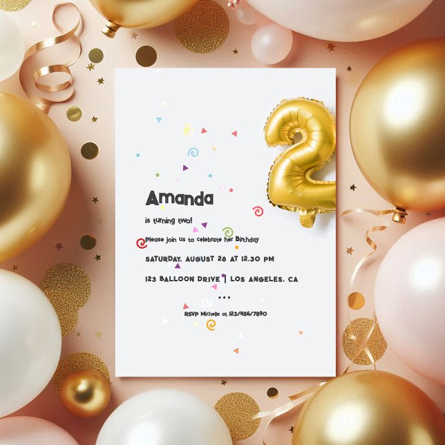 Guld folie ballong och konfetti 2-års födelsedagsf inbjudningar (Gold Foil Balloon and Confetti 2nd Birthday Photo Invitation)