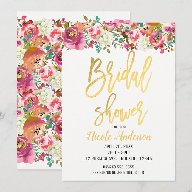 Guld Folie Bröllopsdusch Elegant Modern Blommig Inbjudningar (Fram/baksida)