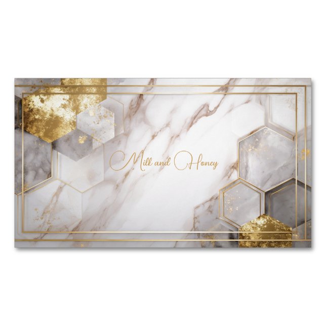 Guld Folie Hexagon Kakel Vit Marmor Geometrisk Magnetiska Visitkort (Framsida)
