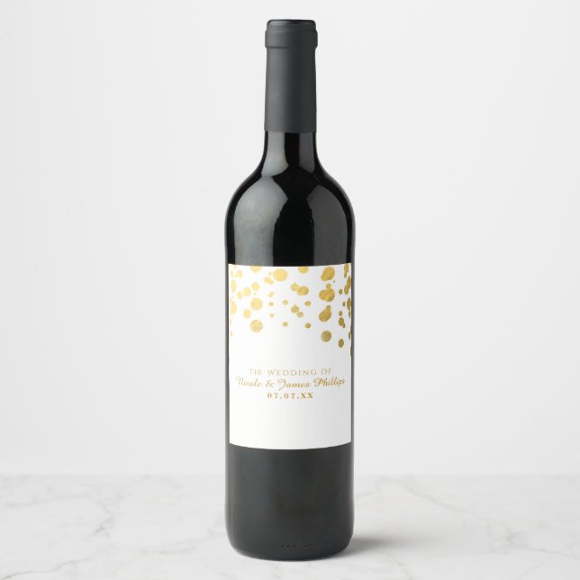 Guld Folie Konfetti Prickar Elegant Bröllops Vin E Vinflaska Etikett (Framsida)