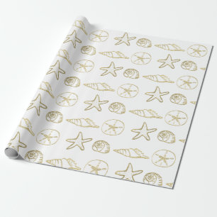 Guld Folie Look Sjö Skal Chic Strand Elegant Vit Presentpapper