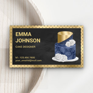 Guld Folie Marinblå Blommig Tårta Bakverk Konditor Visitkort
