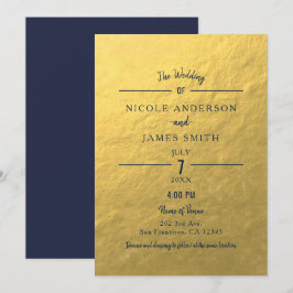 Guld Folie Marinblå Minimal Ren Klassisk Bröllop Inbjudningar