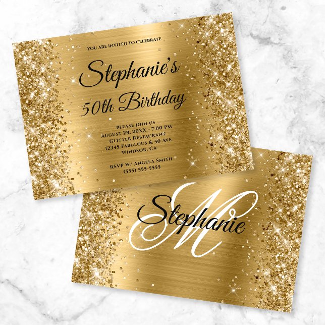 Guld Folie och Glitter Fancy Monogram Födelsedag Inbjudningar (Skapare uppladdad)
