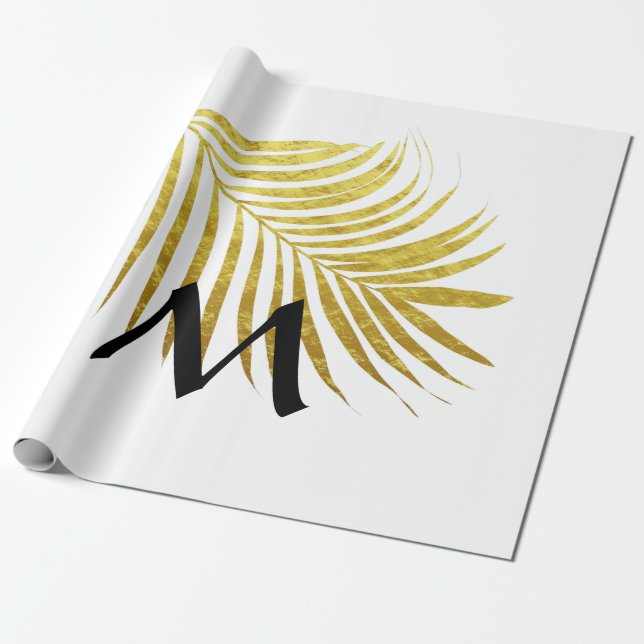 Guld Folie Palmblad Tropiska Monogram Initialer Presentpapper (Utrullad)