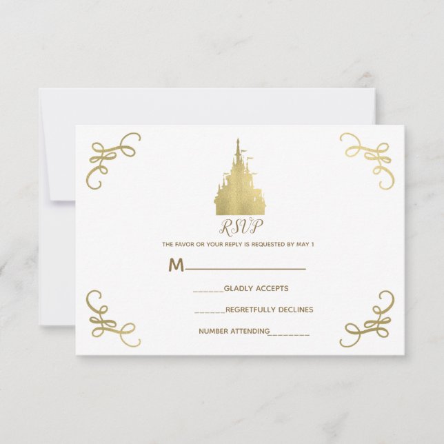 Guld Folie Prinsessa Slott Sagobok RSVP OSA Kort (Framsida)