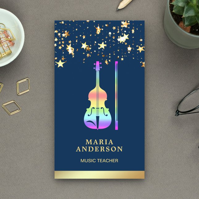 Guld Folie Regnbåge Violin Musiklärare Violinist Visitkort (Skapare uppladdad)