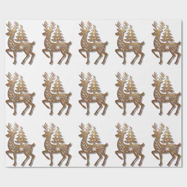 Guld Folie Renar med en Julgran  Presentpapper (Platt)