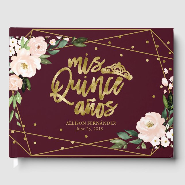 Guld Folie Rodnad Burgunder Röd Blommig Quinceaner Gästböcker (Framsida)