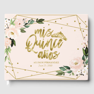 Guld Folie Rosa Blommig Quinceanera Gästbok