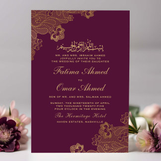 Guld Folie Spets Ornamenterad Plommon Islamisk Mus Inbjudningar