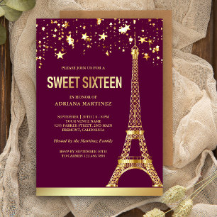 Guld Folie Stjärnor Eiffeltornet Rosa Sweet Sixtee Inbjudningar