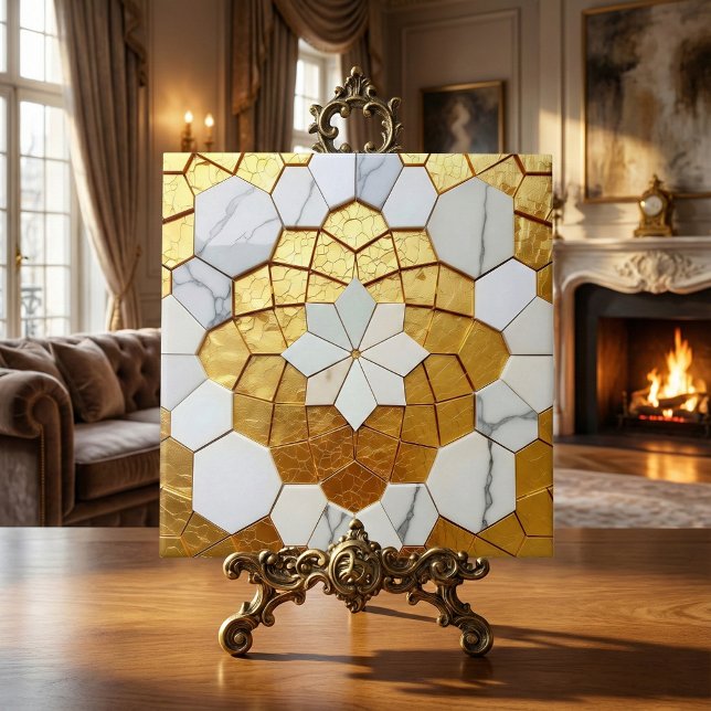 Guld Folie & Vit Marmor Geometrisk Mozaik Art Deco Kakelplatta (Skapare uppladdad)