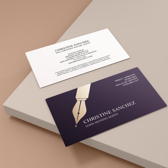 GULD FONTÄN PEN OFFENTLIG NOTERING SINGNING AGENT VISITKORT (Fountain pen themed business card for notary agent public notary attorney )