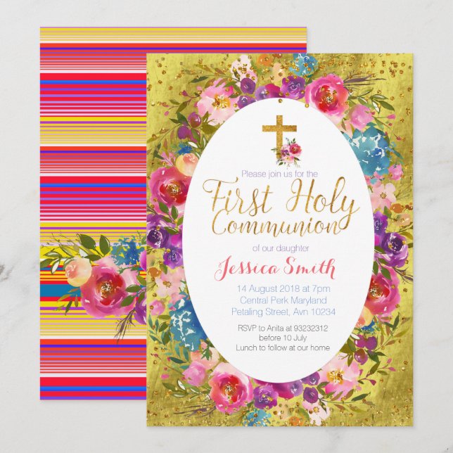 Guld för Fiesta för dopinbjudan mexicanskt Inbjudningar (Fram/baksida)