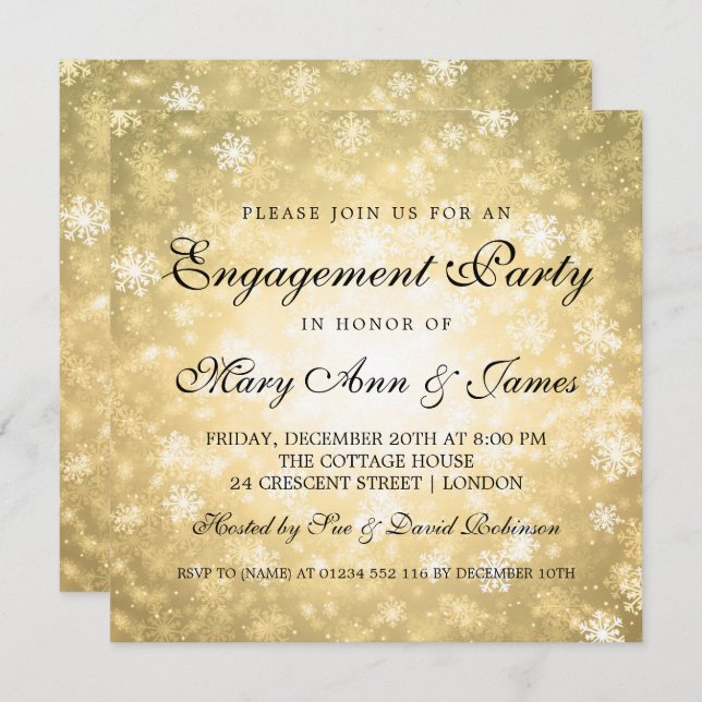 Guld för förlovningsfest för vinterunderland inbjudningar (Fram/baksida)