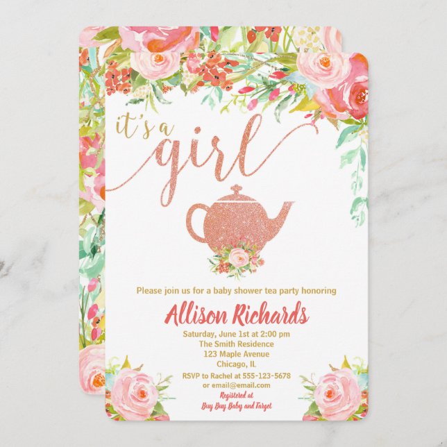 Guld för inbjudan för Teapartybaby shower rosa (Fram/baksida)