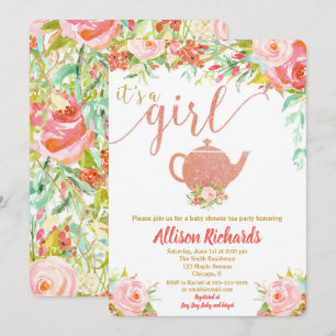 Guld för inbjudan för Teapartybaby shower rosa