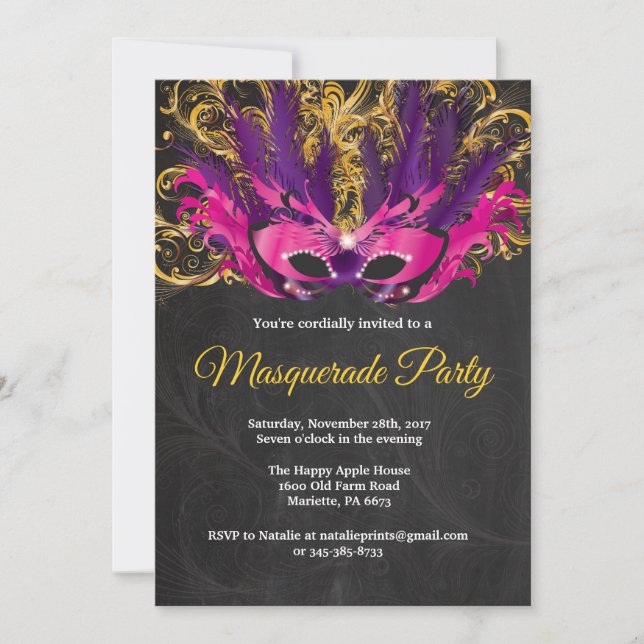 Guld för Magical natt för maskeradparty rosa Inbjudningar (Framsida)