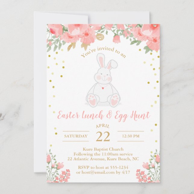 Guld för rosor för kanin för påskäggjaktvattenfärg inbjudningar (Framsida)