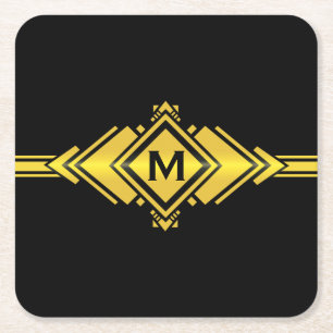 Guld- & för svartart décobälte Monogram Underlägg Papper Kvadrat