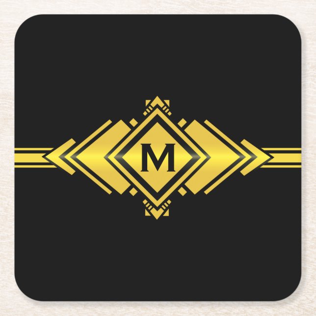 Guld- & för svartart décobälte Monogram Underlägg Papper Kvadrat (Framsidan)