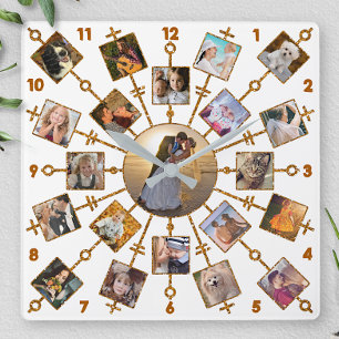 Guld för vit för bilder för familjfotoCollage 2 Fyrkantig Klocka