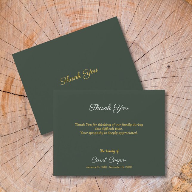 Guld & Forest Grönt Funeral Tackkort Card Tack Kort (Gold & Forest Green Funeral Thank You Note Card)