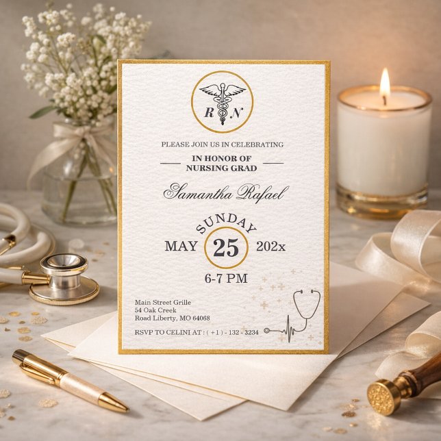 Guld Formell Sjuksköterskeutexaminerad Klass 2026  Inbjudningar (Gold Formal Nursing Graduate Class of 2026 Heart Stethoscope invite)