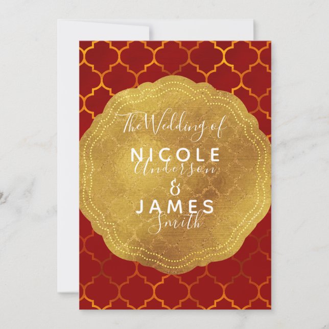 Guld Försegling Folie Eldröd Indisk Marockansk Brö Inbjudningar (Framsida)