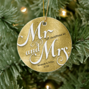Guld Första jul som mr och mrs Newlyed-foto Julgransprydnad Keramik