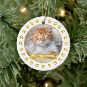 Guld Första julparet Kitten Photo Tassar Anpassnin Julgransprydnad Keramik