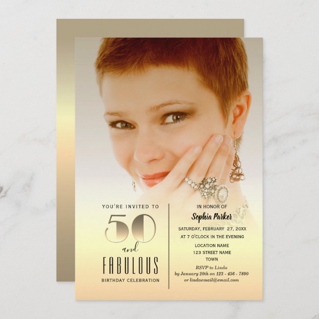 Guld Foto 50:e födelsedagen Inbjudningar (Fram/baksida)