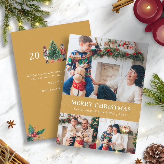 Guld Foto Collage Högtidskort Julkort (Nutcracker Gold Photo Collage Holiday Card)