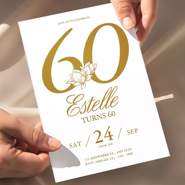 Guld Foto Spara Datum 60-årsdag Inbjudningar (60th birthday invitation white gold, elegant floral birthday invite, minimalist gold birthday invita)