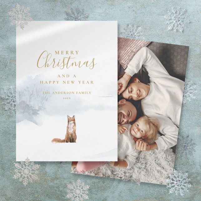 Guld-fotojul för Winter Fox-skript i Elegant Julkort (Winter Fox Elegant Gold Script Photo Christmas Holiday Card)