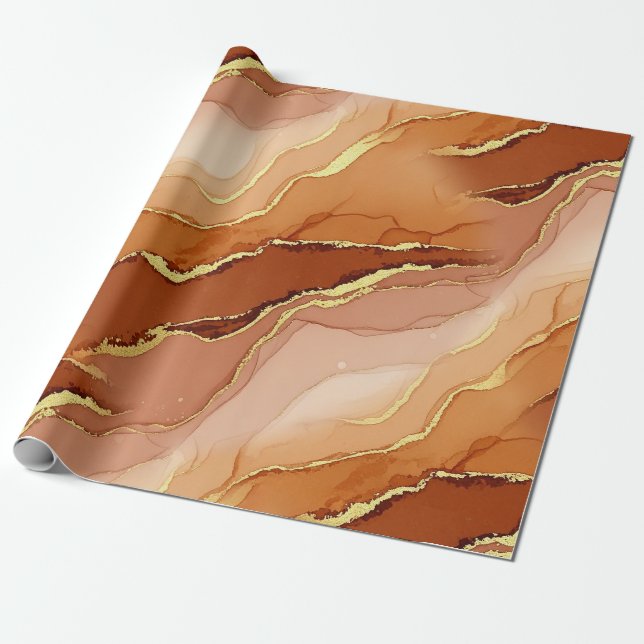 Guld Fraktur Marmor Jordton Fluid Presentpapper (Utrullad)