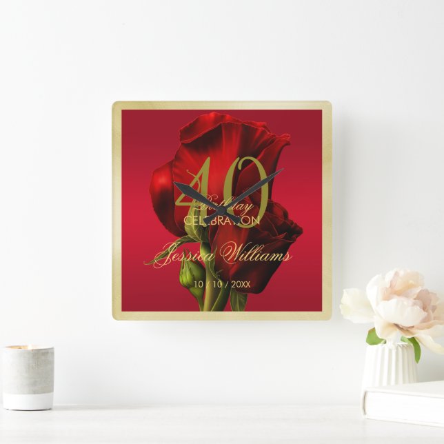 Guld Framed Romantic Röd ros Birthday Fyrkantig Klocka (Hem)