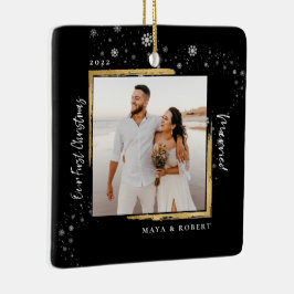 Guld-framfoto vår första jultomte  julgransprydnad keramik