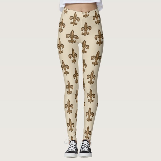 Guld- Fransk Fleur de Lis Mönstra Leggings (Framsida)