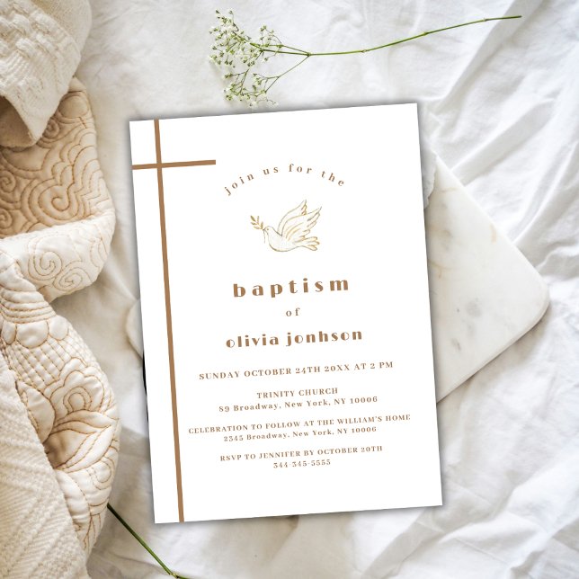 Guld Fransk Modern Bird Kor Christening Baptism Inbjudningar (Gold French Modern Bird Cross Christening Baptism Invitation)