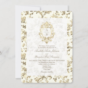 Guld Fransk Toile Monogram QR-kod Bröllop Inbjudningar
