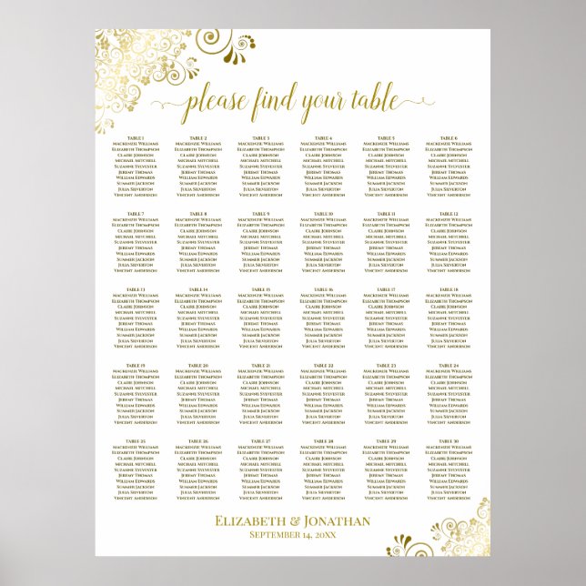 Guld frills 30 Bord Bröllop-sätesdiagram vit Poster (Framsidan)