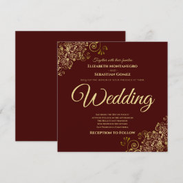 Guld Frills Auburn Brown Elegant Square Bröllop Inbjudningar
