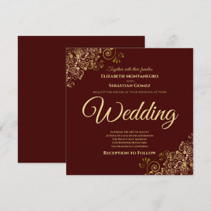 Guld Frills Auburn Brown Elegant Square Bröllop Inbjudningar