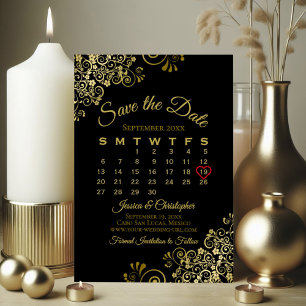 Guld Frills Black Simple Elegant bröllop Calendar Spara Datumet