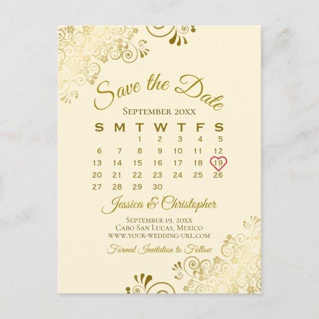 Guld Frills Cream Bröllop spara datum Kalender Meddelande Vykort (Framsida)