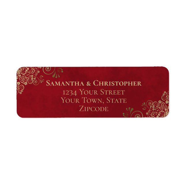 Guld Frills Crimson Red Bröllop Returadress Etikett (Framsidan)