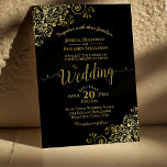 Guld Frills Elegant Black Bröllop Inbjudningar<br><div class="desc">Den här vackra bröllopsinbjudan har en enkel men ändå elegant utformning med lacy script calligraphy på en svart bakgrund och guld faux-folie i hörnen. Ordalydelsen är formell,  men utformningen är modern och snyggten.</div>