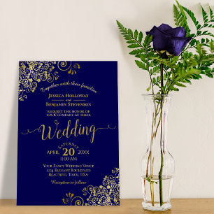 Guld Frills Elegant Navy Blue Bröllop Inbjudningar